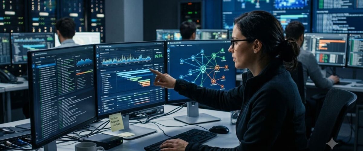 Observabilidade: por que ela se tornou essencial na gestão de TI moderna 1 Imagem de profissional acompanhando atentamente dados digitais, simbolizando a observabilidade na gestão de TI.